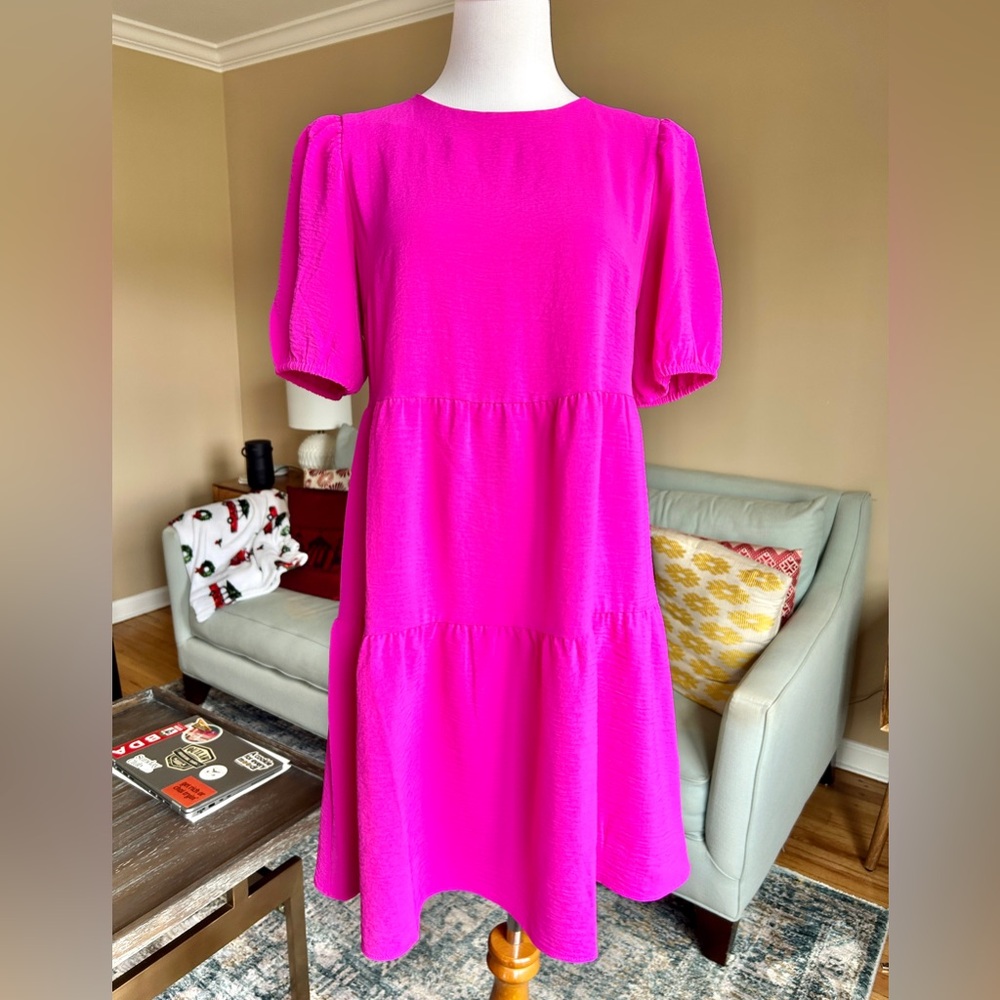DKNY Bright Pink Tiered Baby Doll Dress Puff Sleeve Size 8 - Picture 2 of 12